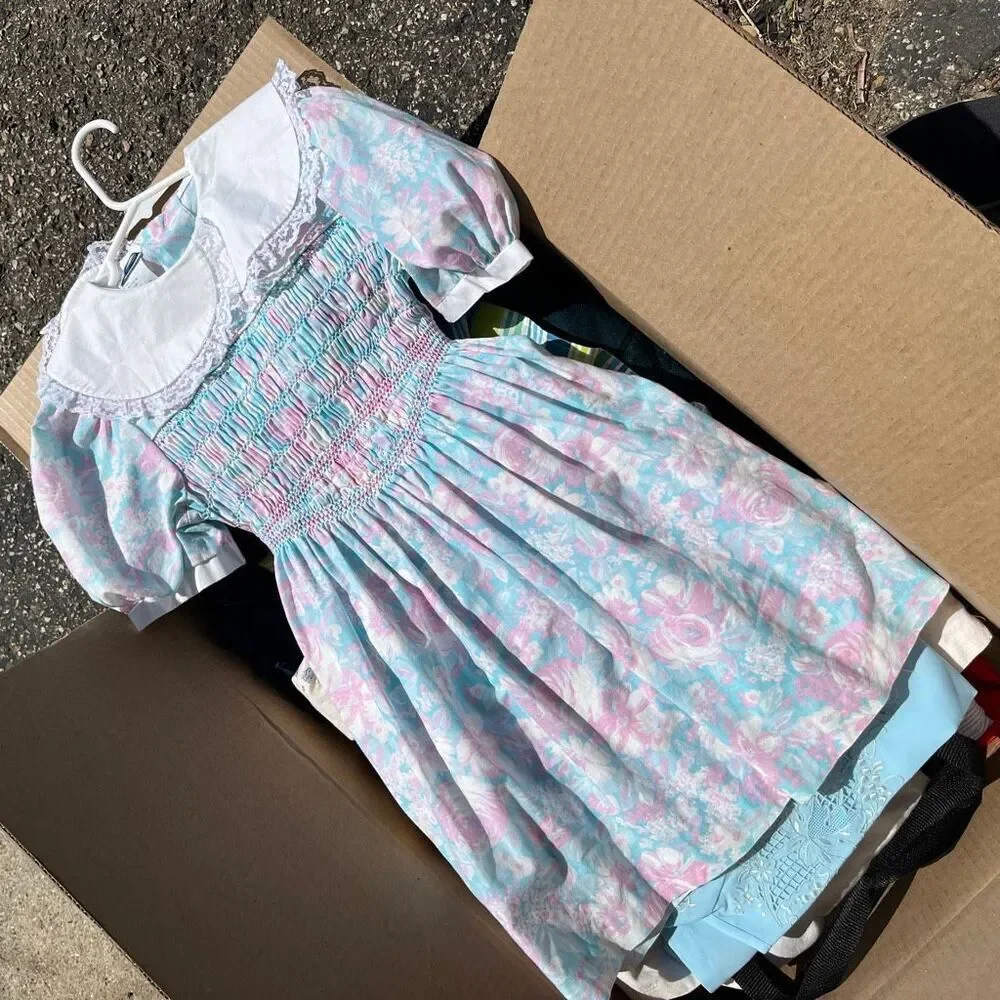VTG Polly Flinders Pastel Floral Smocked Prairie Dress Girls 7 Lace Collar